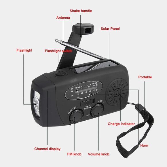 Emergency  Radio Crank Solar Hand Weather 2000mAh Power Bank Charger Flash Light - Picture 4 of 10